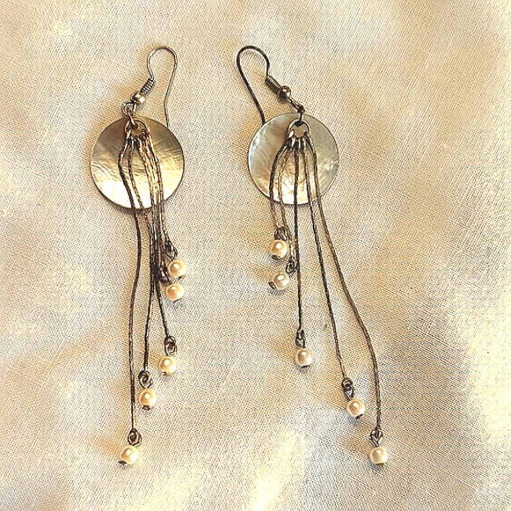Vintage Handmade Shell Drop Earrings With Faux Pearls